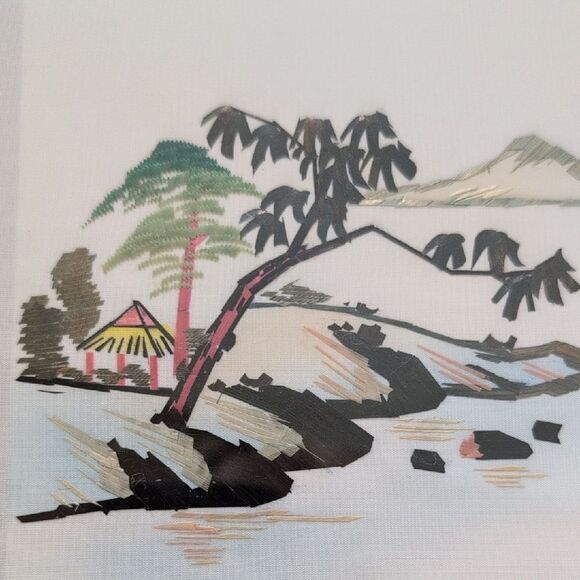 Framed Serene Coastal Scene Hand Cut Wheat Stalk Art on Silk - Picture 2 of 14
